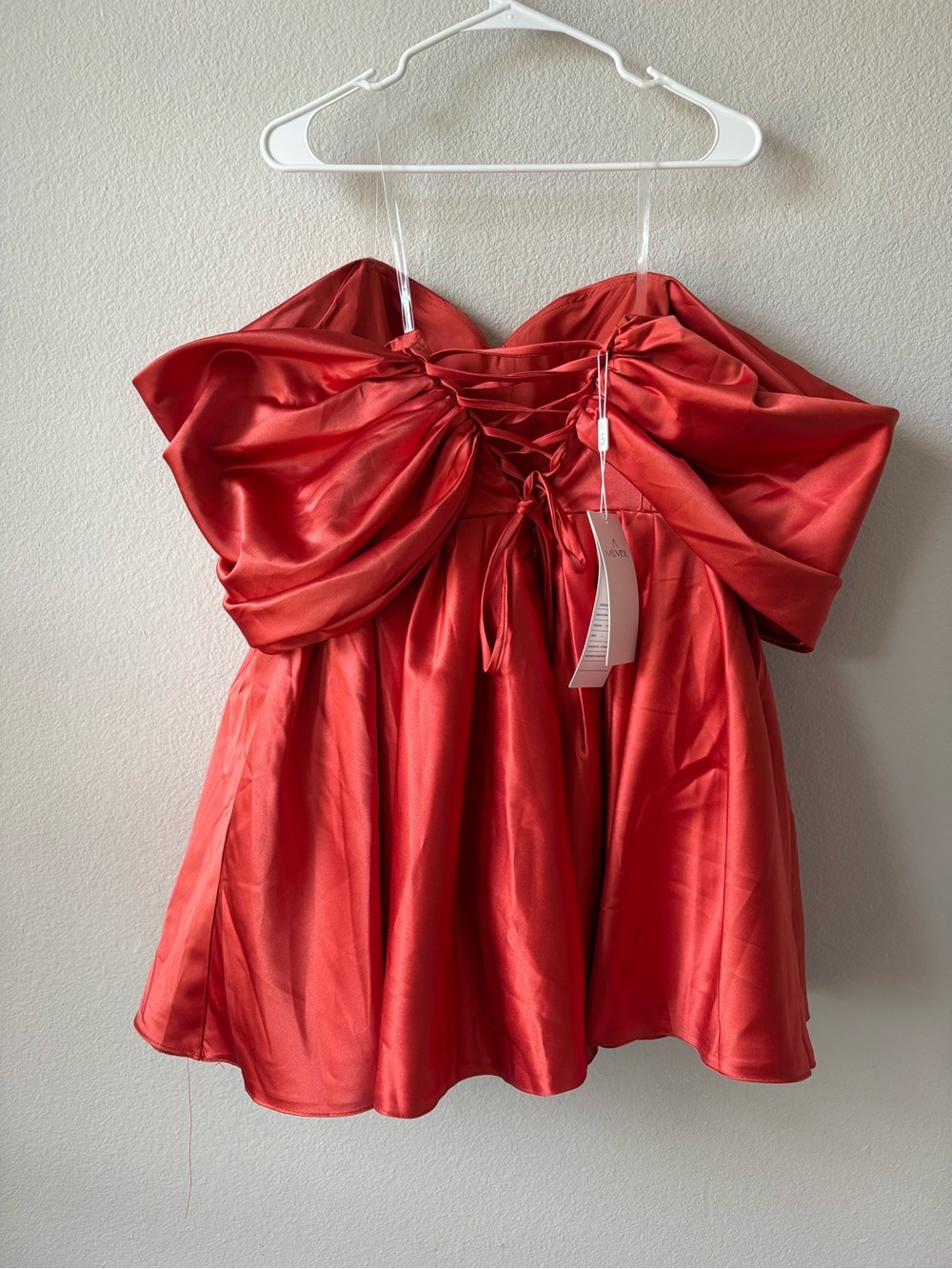 Red-Orange Satin Off-Shoulder Party Dress - Picture 3 of 4